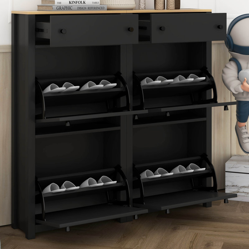 Ensemble d'armoire à chaussures mince avec 4 tiroirs rabattables, plateau à motif de grain de bois, solution de rangement pour chaussures avec panneau réglable, tiroirs