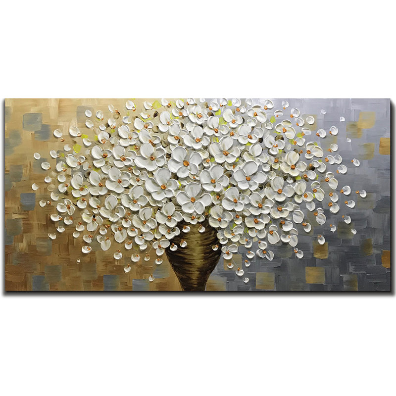 Abstract Canvas Floral Artwork 100% Hand Painted Oil Paintings Textured Flower Wall Art , 24" H x 48" W