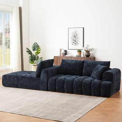 Canapé d'angle de luxe 4 places en chenille, design minimaliste, revêtement bleu foncé, siège en mousse et ressorts ensachés, idéal pour le salon, l'appartement et la réception, aucun assemblage requis, tissu.