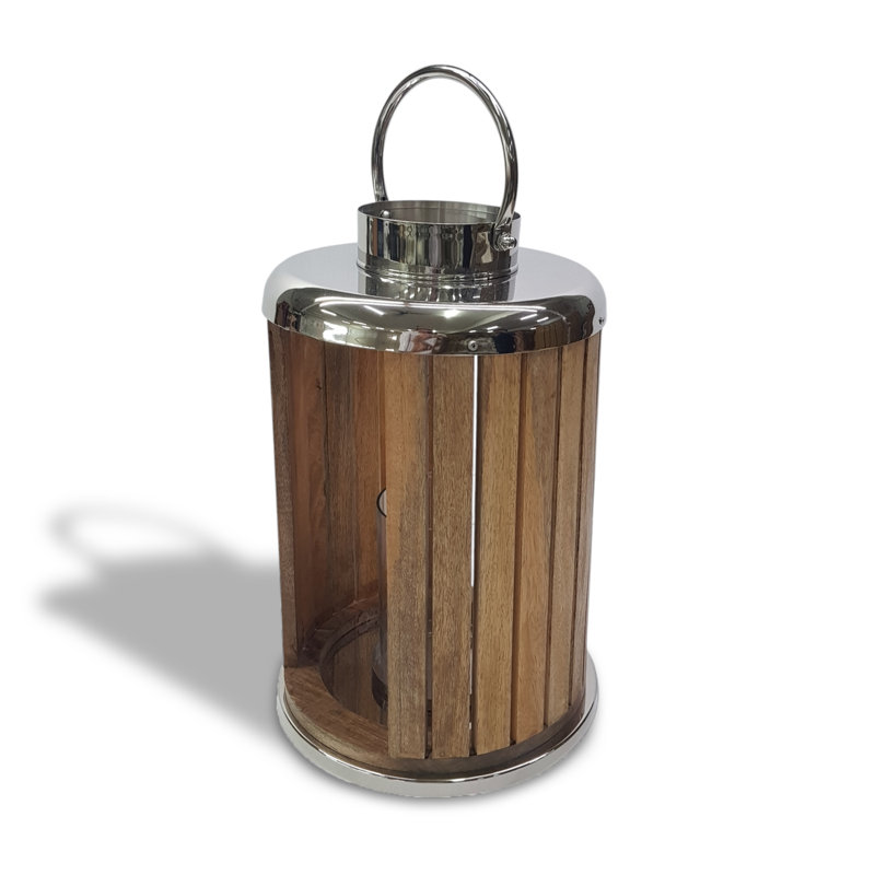 Mango Wood and Stainless Steel Lantern - Glass Hurricane Candle Holder - Rustic Modern Decorative Lantern for Home Accessories