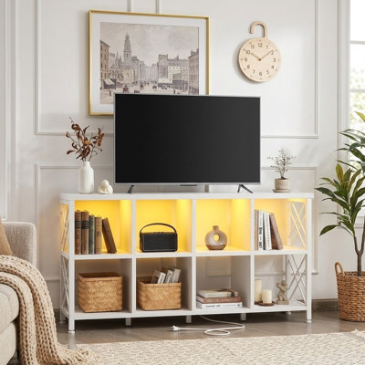 Meuble télé 57 cubes de 57 po de large avec lumières DEL et station de charge, pouvant accueillir un téléviseur de 55 à 60 po, capacité de 242 lb, idéal pour le salon, la chambre à coucher et la salle de jeux