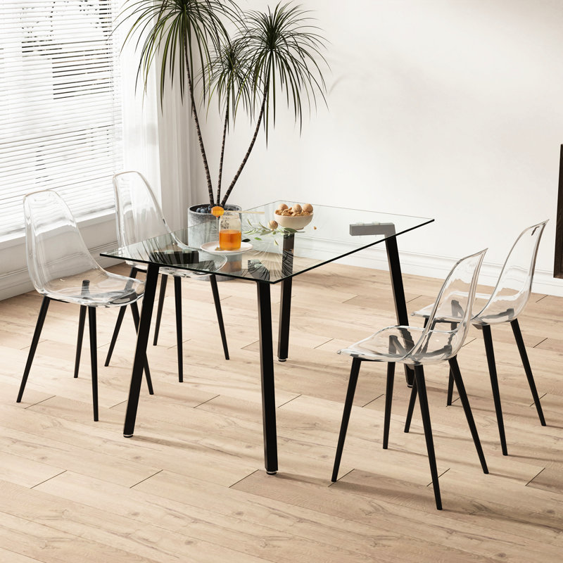 6 chaises en plastique transparent, cristal moderne sans accoudoirs de style nordique ergonomique avec structure en métal, siège confortable, 1200 sur 6, pieds noirs simples, courbe,
