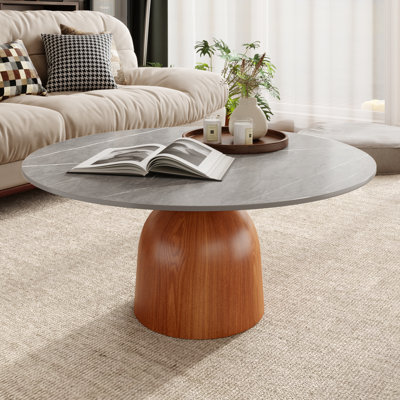 Modern Round Coffee Table with Faux Marble Tabletop and Pedestal Solid Wood, Cocktail Table for Living room & Home Decor