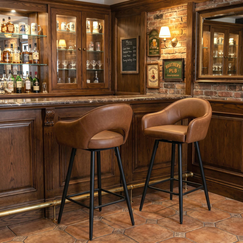 360°Swivel Upholstered Bar Stools with Iron Frame, Fax Leather-Brown
