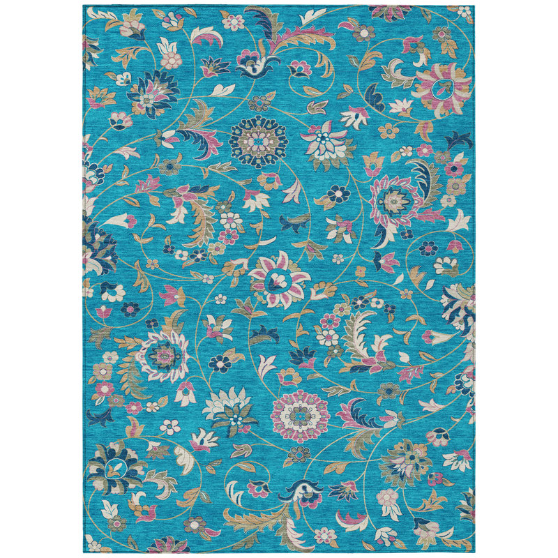 Teal Floral Synthetic Washable Rectangular Area Rug