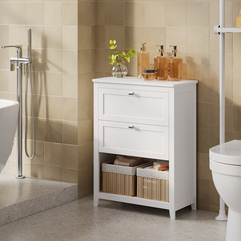 Bathroom Floor Storage Cabinet with Adjustable Divider, 2 Baskets