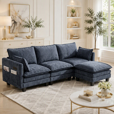 Modern Chenille Sofa Set, 3-Seat Couch with Individual Matching Ottoman, Modular Living Room Furniture with Built-in USB Ports and Side Pockets