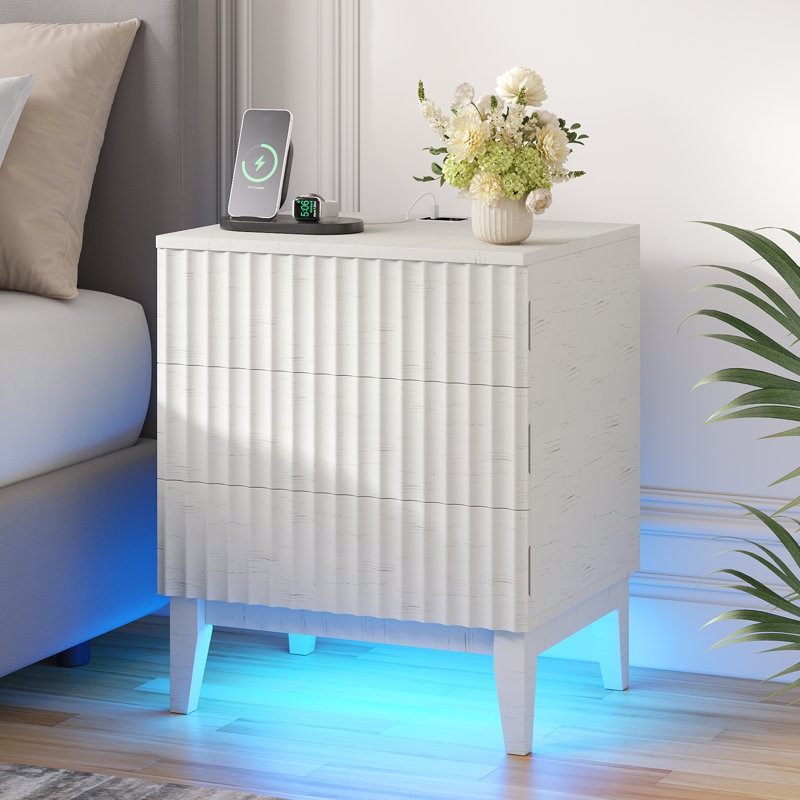 19.7'' W Nightstand With 3-drawer, Charging Station And Human Sensor Light, White