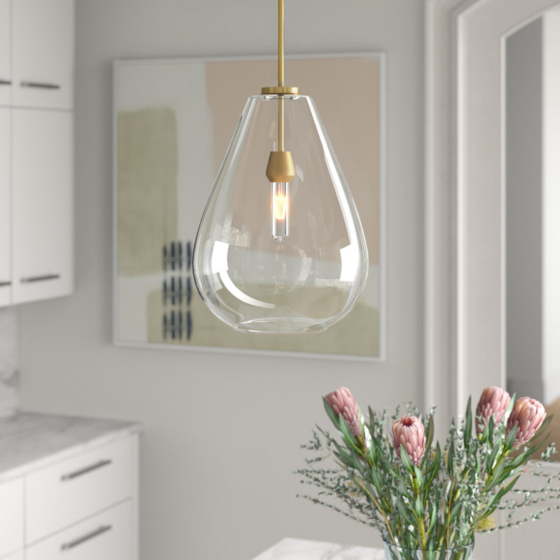 Athenais Metal Cone Pendant with Glass Shade, Olde Brass, 16.75" H x 12" W x 12" D, Clear