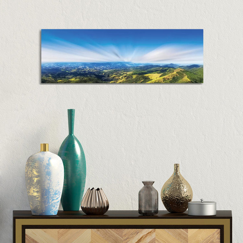 Sunset Over Field Panorama by Glauco Meneghelli - Panoramic Painting on Canvas, Brown Floater Frame, 30.48 cm H x 91.44 cm W