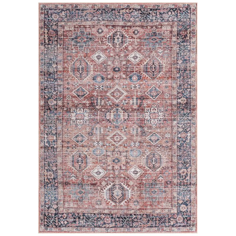 Tapis rouge / ivoire / bleu à motif géométrique de style sud-ouest Griesemer, Rectangle 3 pi 11 po x 5 pi 6 po
