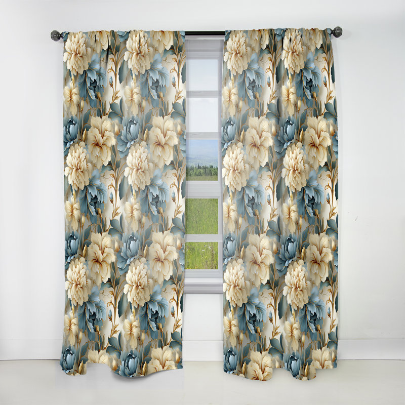 White And Blue Damask Flowering I - Damask Curtain - Velvet Room Darkening - 1 Panel, 52" W x 90" L