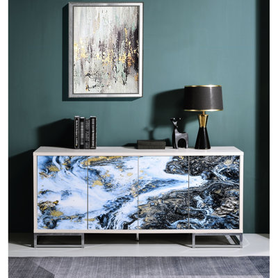Console en marbre bleu - Style élégant avec finition chêne blanchi, espace de rangement généreux, 4 portes et 2 étagères, pieds en bois synthétique peint, rangement stylé et porte imprimée dorée