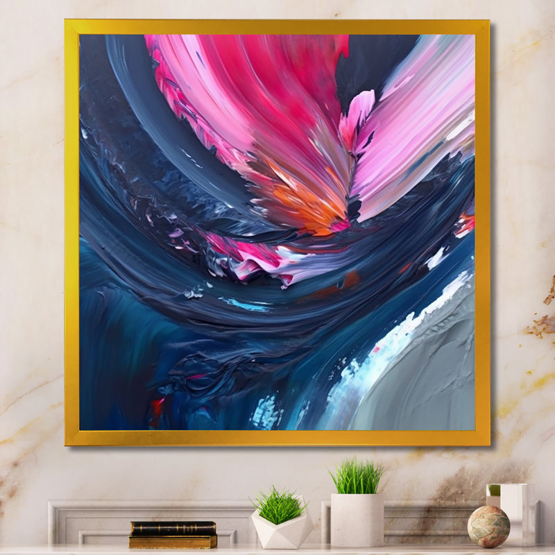 Dennice, art texturé abstrait bleu et rose, Encadrement doré, H 30 po x l 30 po x P 1 po