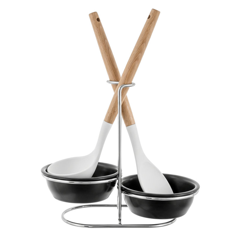 Repose-cuillères en céramique noire à 2 bols pour la cuisine