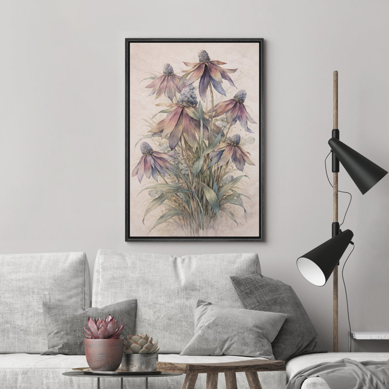«Pastel Coneflower Botanical Garden Floral Decor», reproduction d'art sur toile encadrée, H 24 po x l 16 po x P 1,5 po, Noir