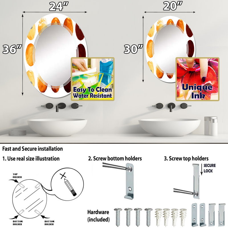 Neuf cercles dans des tons d'orange et de brun III - Miroir mural moderne ovale, 30 po x 20 po