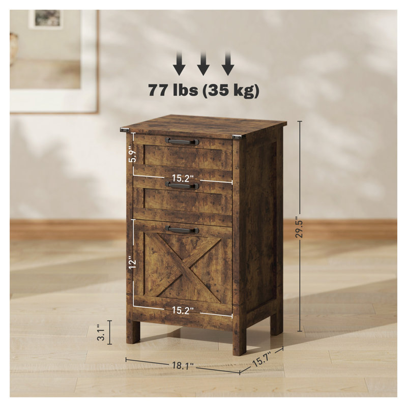 Classeur vertical à 3 tiroirs et porte de style grange, rangement brun rustique