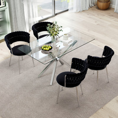 Rectangle Pedestal Dining Set with Modern Weaven Velvet Dininig Chair