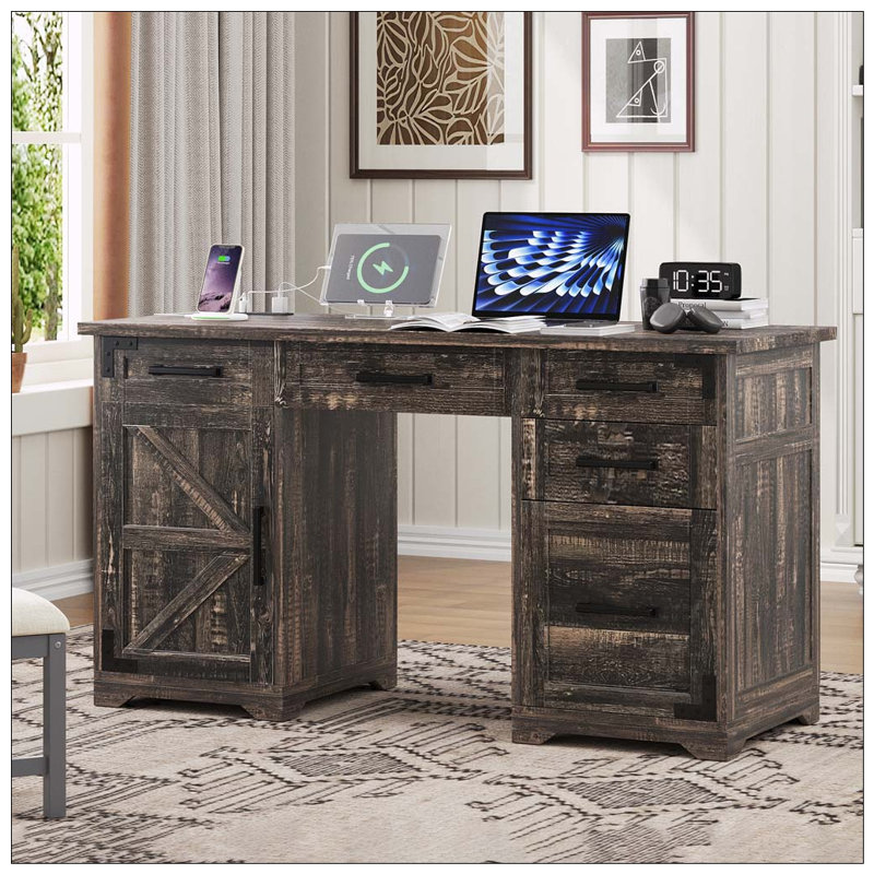 Bureau de direction 55 po avec station de charge et prise de courant, Grey