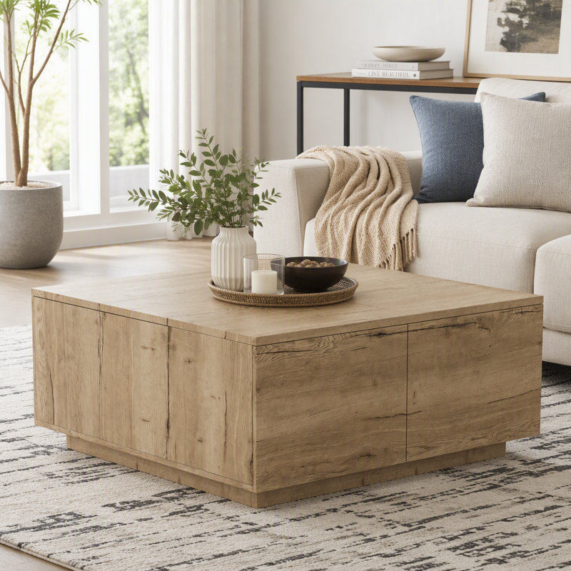 Table basse carrée de 33,25 pouces avec 4 tiroirs, Naturel