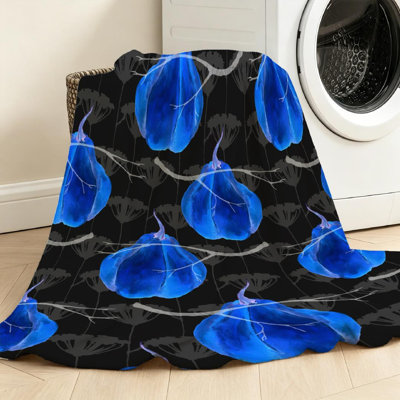 Jeté en flanelle bleue ultra douce en molleton, imprimé citrouille gris foncé sans couture