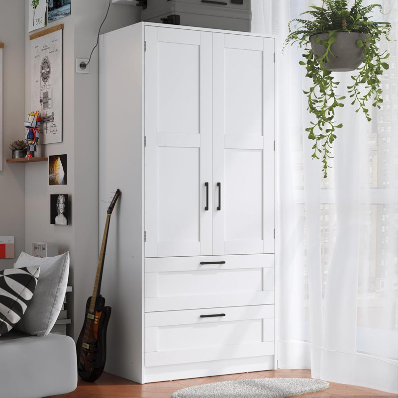 Armoire-penderie en bois avec 2 portes et 2 tiroirs, armoire de rangement autoportante pour chambre à coucher