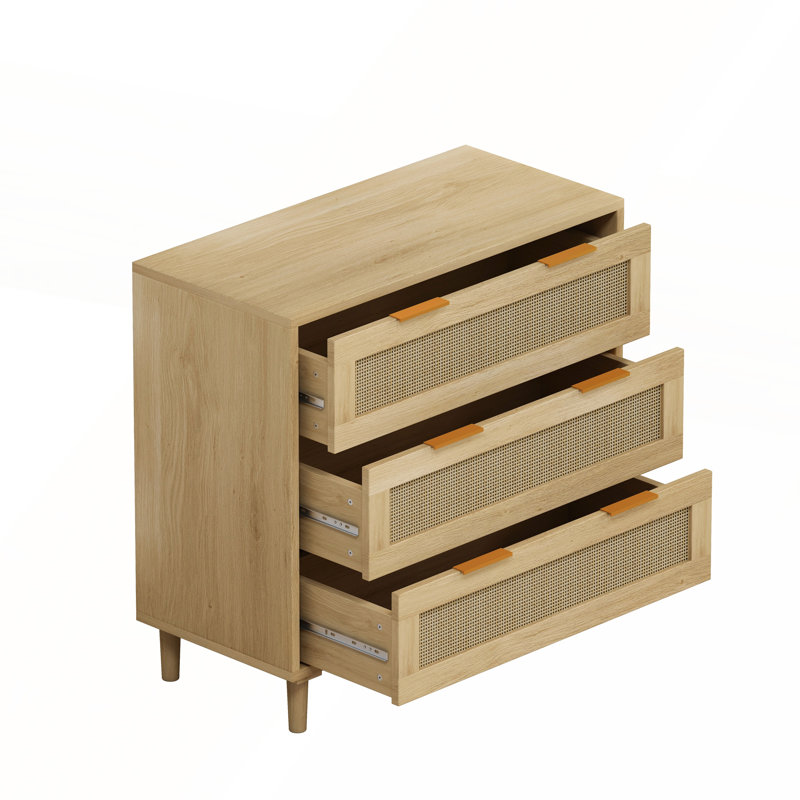 3-Drawers Rattan Storage Cabinet with Rattan Drawer, Oak