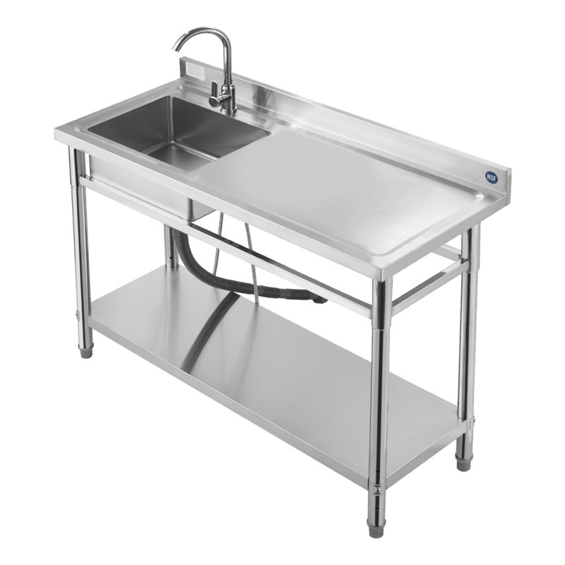Stainless Steel Utility Sink Free Standing Single Bowl Commercial Kitchen Sink Set with Workbench