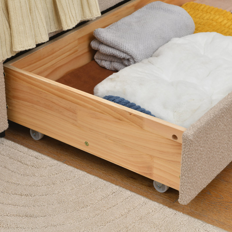 Juanetta 51.8" High Headboard Upholstered Platform Bed With 2 Large Wooden Storage Drawers, Beige, King Size, Beige, King