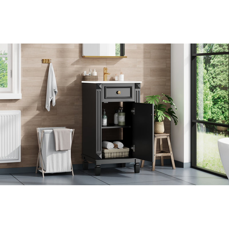 Ensemble de meuble-lavabo autoportant simple noir avec tablette réglable et lavabo en céramique