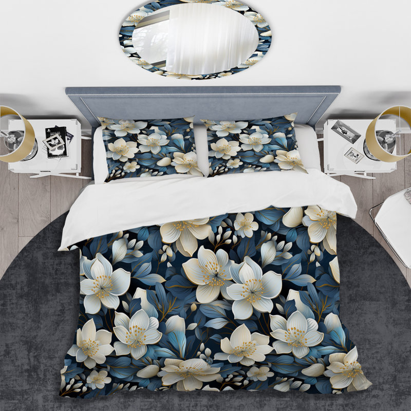 Ensemble de housse de couette Artistic Blue Magnolia Essence Beauty, Housse de couette simple + 1 taie décorative stan
