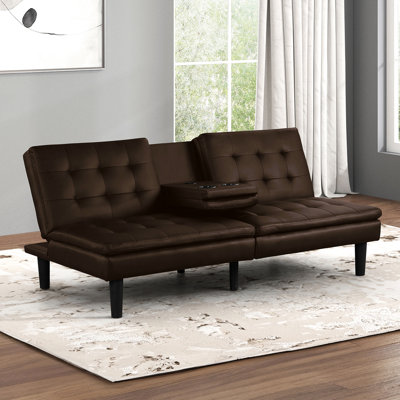 Contemporary Brown Futon Bed, Biscuit - Seating, Converts To Bed And Comes With Drop Down Table Chargers , Seat Back, A C Cup Holders