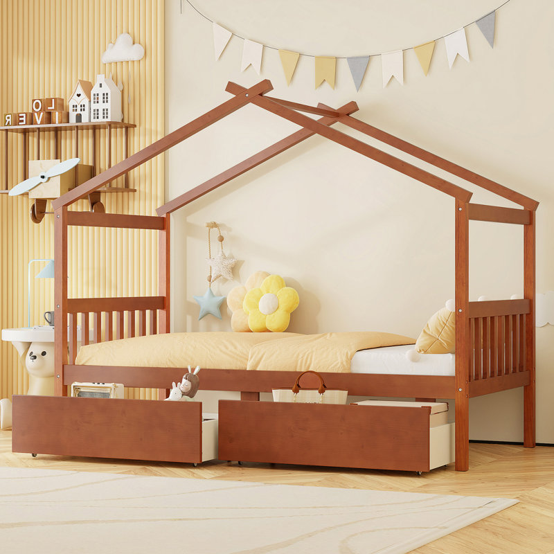 Lit en bois avec tiroirs, Noyer