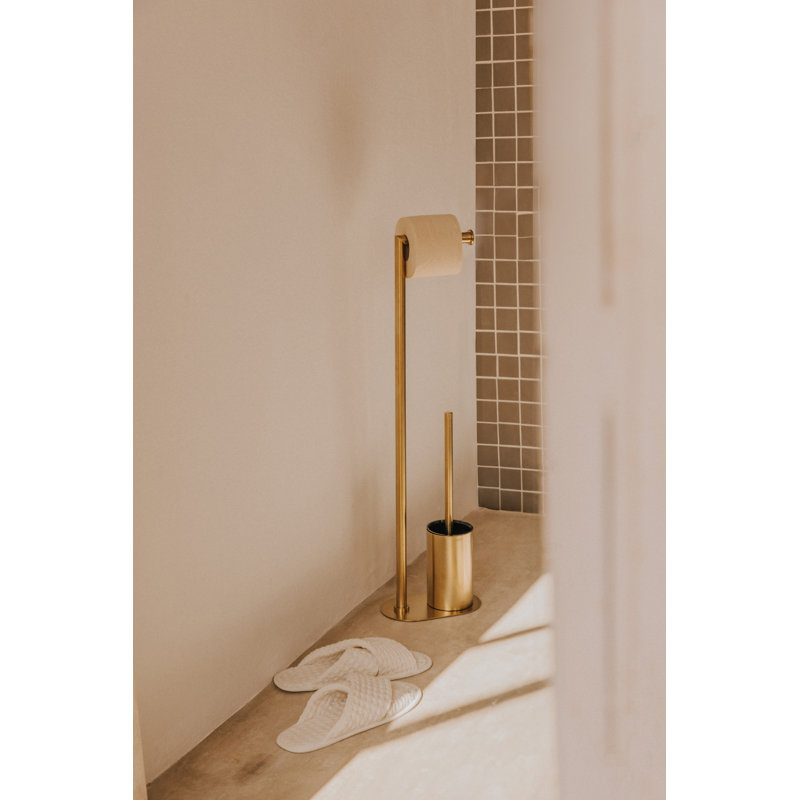 Cosmic Round Metal Made with Gold Finish Free-Standing Toilet Brush and Holder
