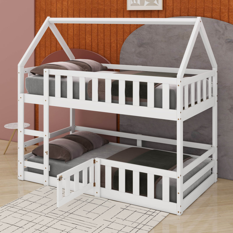 Twin Over Twin House Bunk Bed With Fence And Door, White