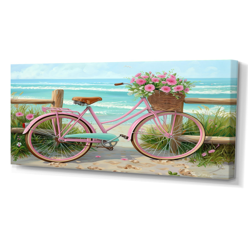Vélo rose avec roses roses sur un chemin de plage - décoration murale bord de mer, Toile tendue, H 28 po x l 60 po x P 1,5 po