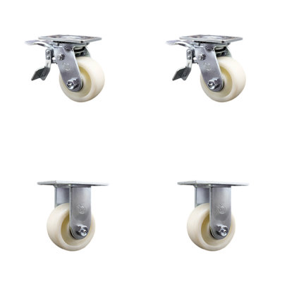 4 Inch Nylon Caster Set with Ball Bearings 2 Brakes 2 Rigid Service Caster