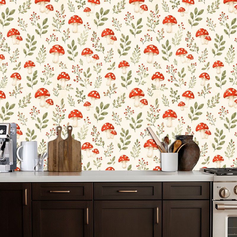 Papier peint adhésif pelez et collez champignon rouge botanique feuilles vertes contact papier amovible auto-adhésif mural pour armoires de cuisine de chambre à coucher 17,7 po x 118 po