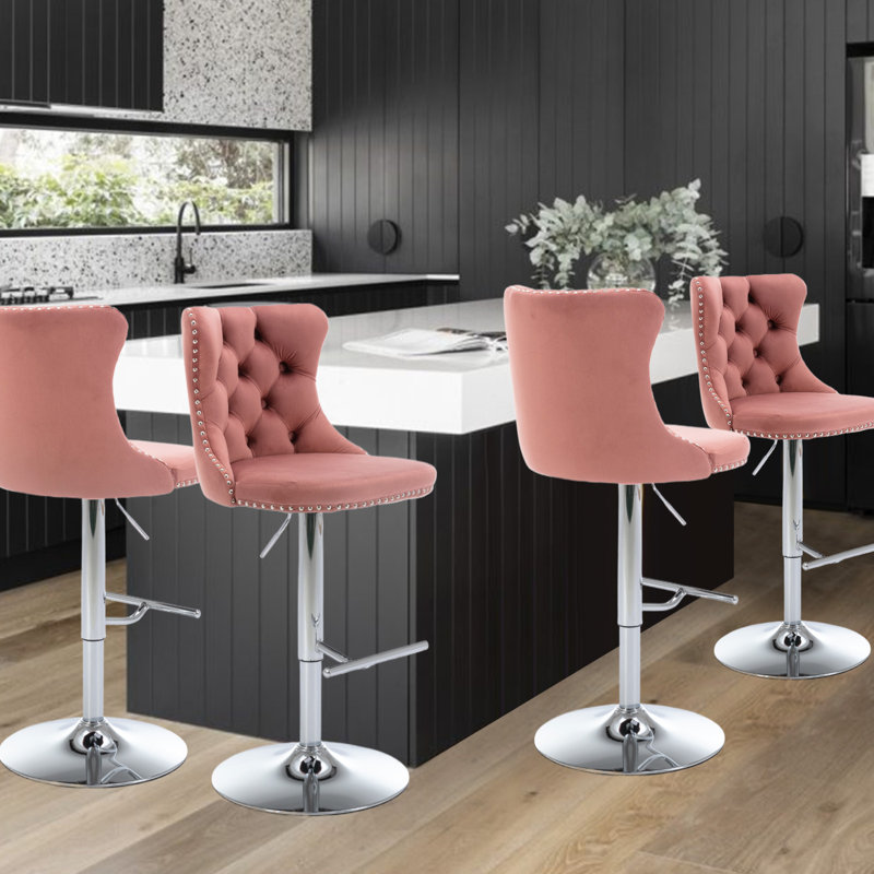 360°Swivel Bar Stools with Sliver Base, Pink