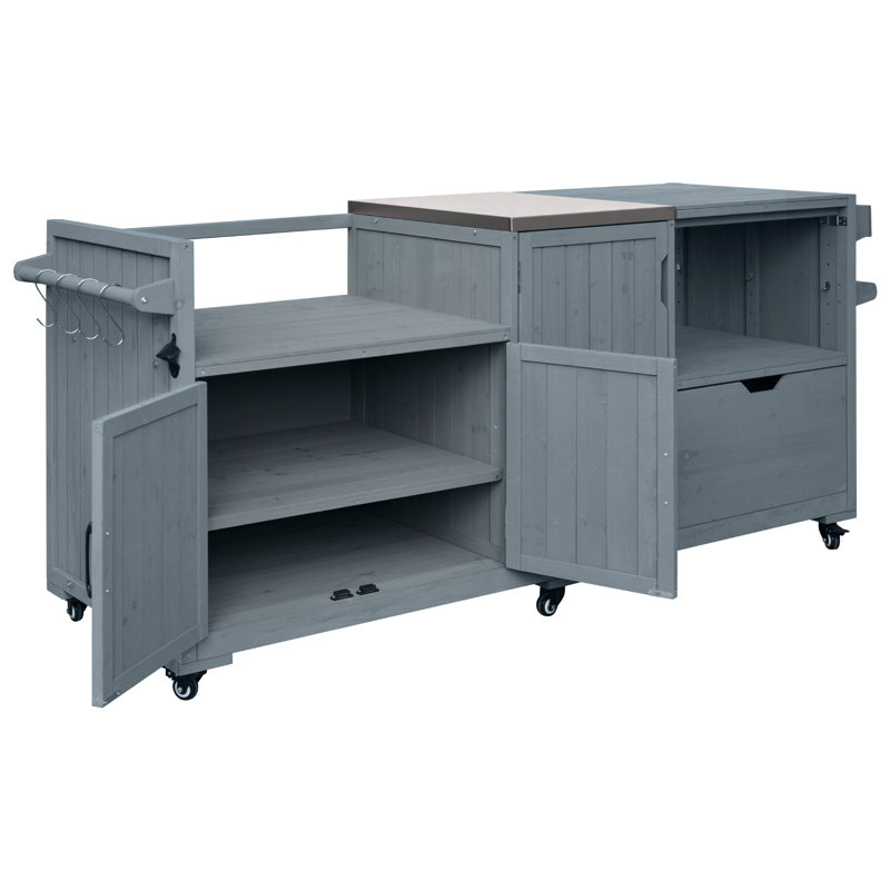 Grand îlot de cuisine sur roulettes de 80,5 po de largeur avec roulettes et plateau en acier inoxydable, chariot de barbecue en bois pour grand œuf vert et plaque chauffante Blackstone