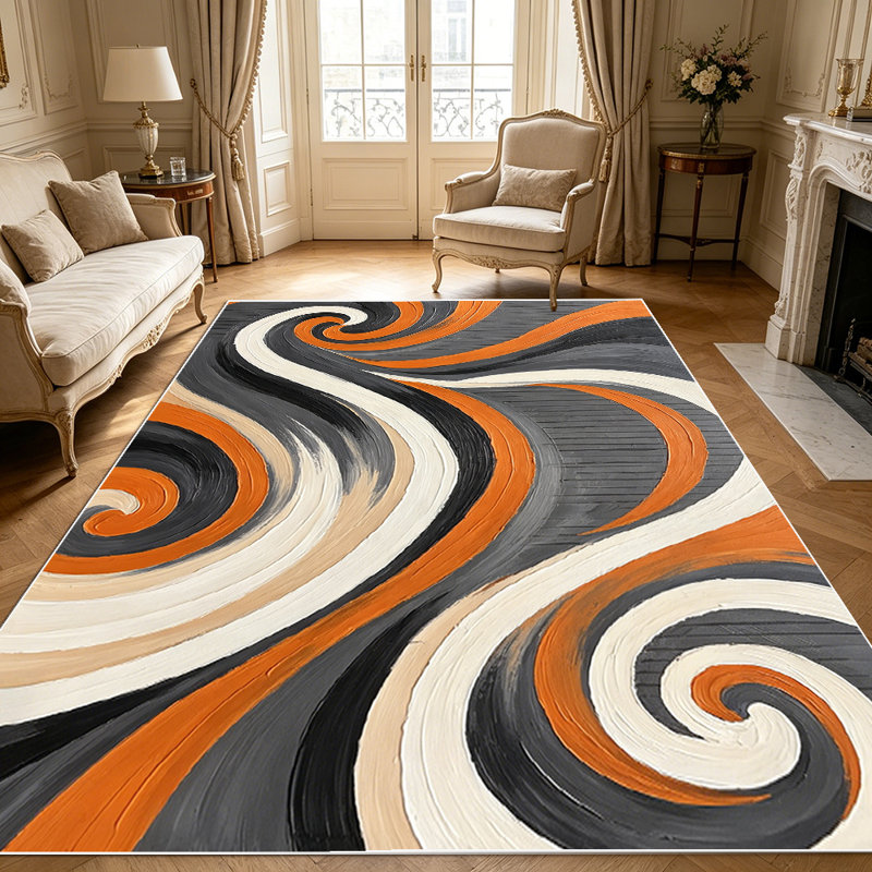 1PC hand-painted boho vintage spiral swirl abstract burnt orange charcoal gray off-white tan area rugs for Living Room, Soft and Comfortable, Suitable for all seasons, easy-to-maintain, machine washable Indoor floor mat,