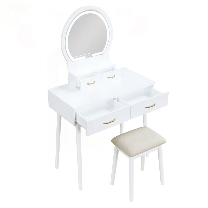 Ensemble de coiffeuse luxueux avec miroir à DEL intelligent et tiroirs de rangement, Blanc