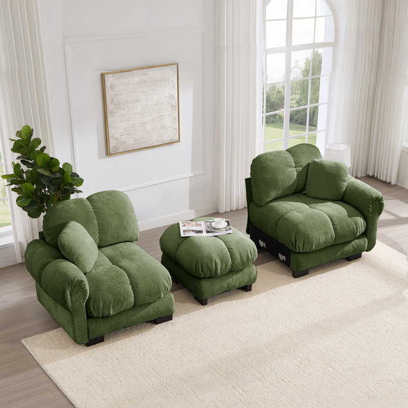 Canapé modulaire en L en chenille matelassé avec repose-pieds 76 po Fairmont, Vert mousse