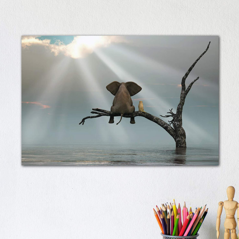 Elephant And Dog Are Sitting On A Tree Fleeing A Flood by Mike Kiev - Wrapped Canvas Print, 20.32 cm H x 30.48 cm W