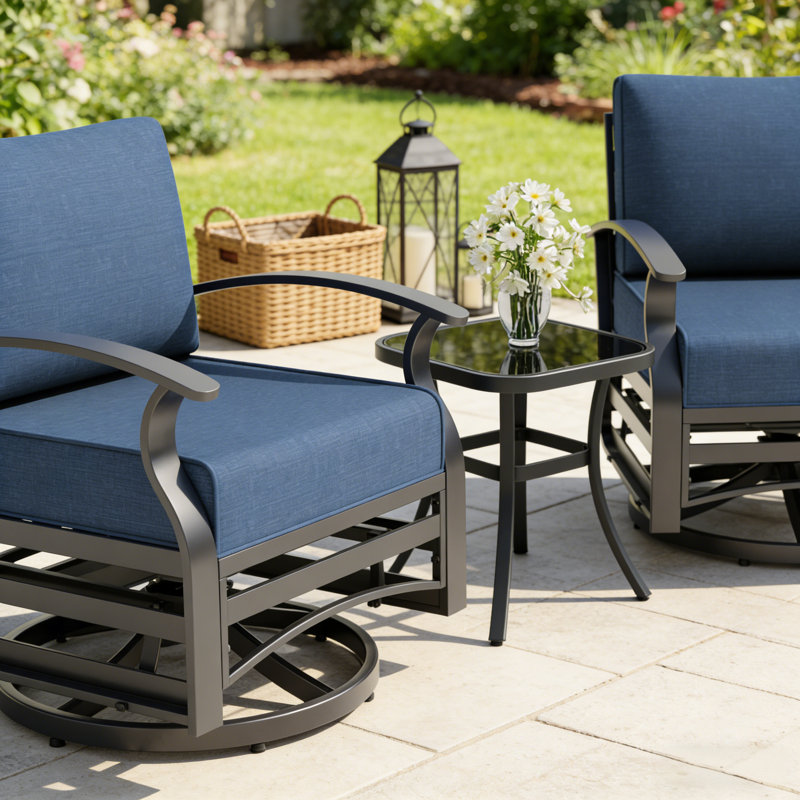 3-Piece Outdoor Swivel Glider Chair Set With Side Table, 28.5" Wide All-Aluminum Frame Patio Furniture With Water-Resistant Cushions, 360° Swivel & Gentle Gliding
