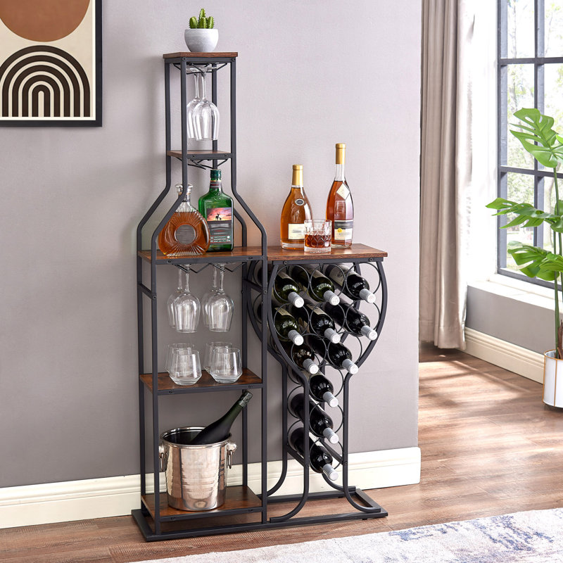 Support à vin moderne pour 11 bouteilles, support à vin autoportant à 5 niveaux avec porte-verres à vin suspendu et tablettes de rangement
