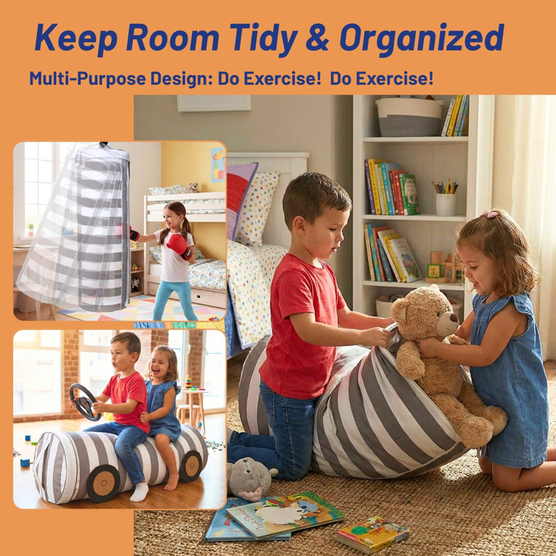 Stuffed Animal Storage Bean Bag Cover For Kids - Organize, Sit, Play & Box Help Promote Comfort And Relaxation - Perfect Playroom & Bedroom Plush Toys Beanbag, Cylinder, Best Gift For Kids