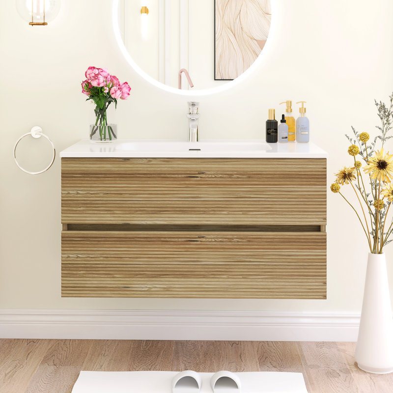 Meuble-lavabo mural à rayures horizontales avec lavabo en céramique intégré blanc, Blanc / chêne naturel, 36"