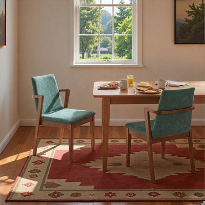 Mid-Century Modern Dining Chairs Set of 2 - Upholstered Armchairs with Walnut Color Rubber Wood Frame, 250lbs Capacity for Kitchen & Dining Room